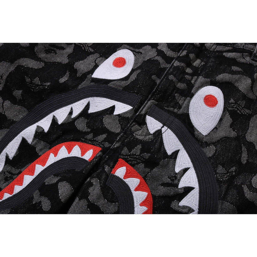 BAPE X ADIDAS CAMO JACQUARD SHARK DENIM JORTS MENS