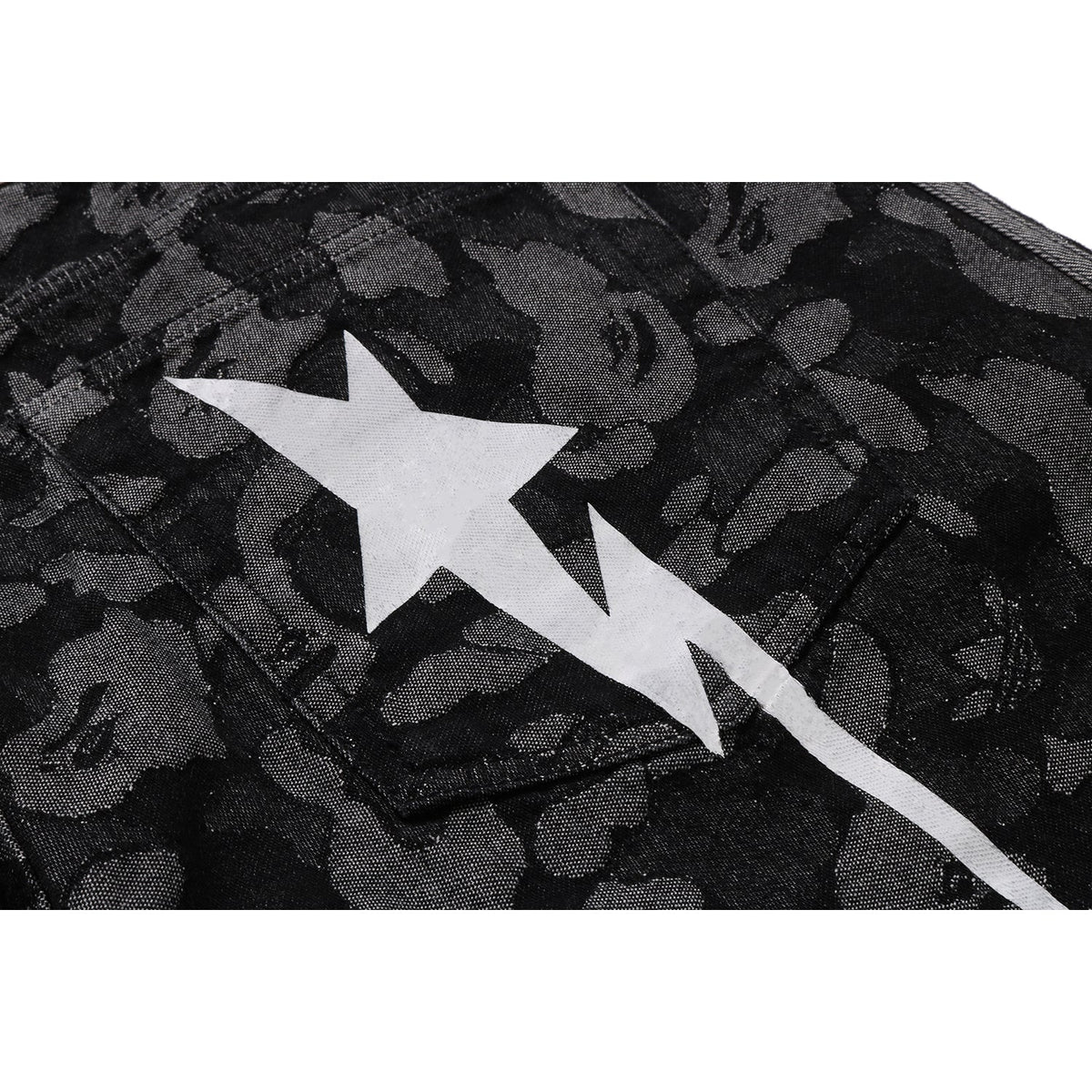 BAPE X ADIDAS CAMO JACQUARD SHARK DENIM JORTS MENS