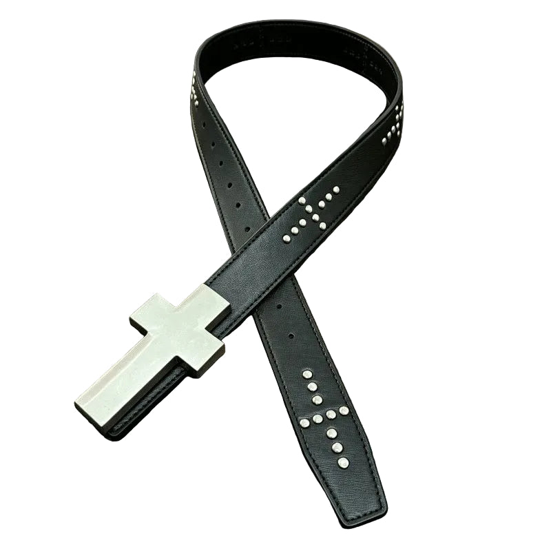 REBEL WAVE Cross Rivet Leather Belt Dark Punk Metal Buckle Unisex