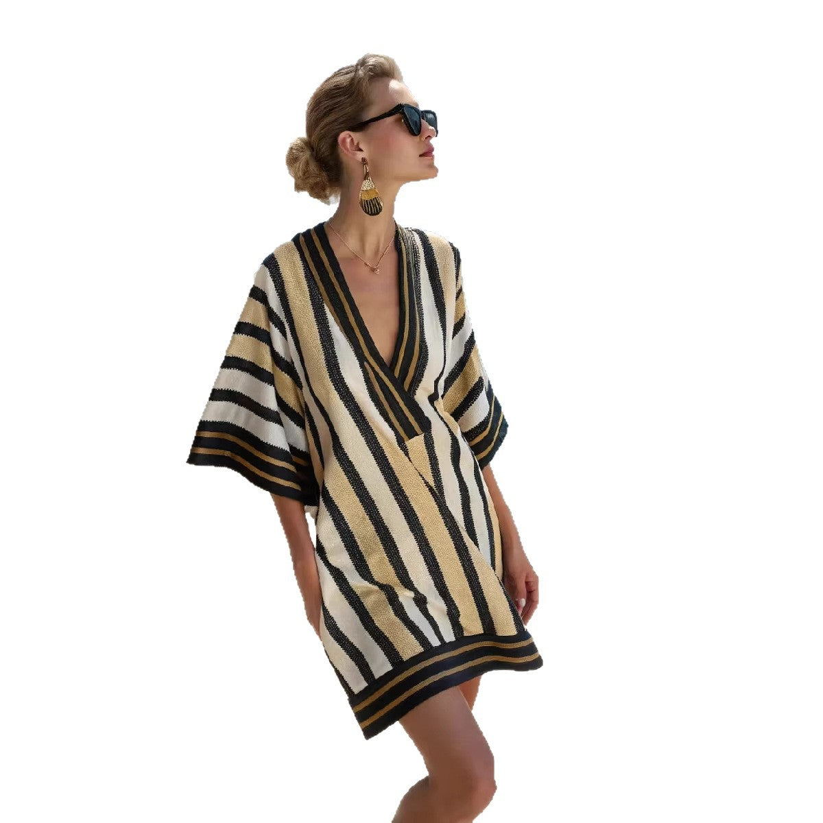 Women's Boho Striped-Trim V-Neck Short Kaftan Dress