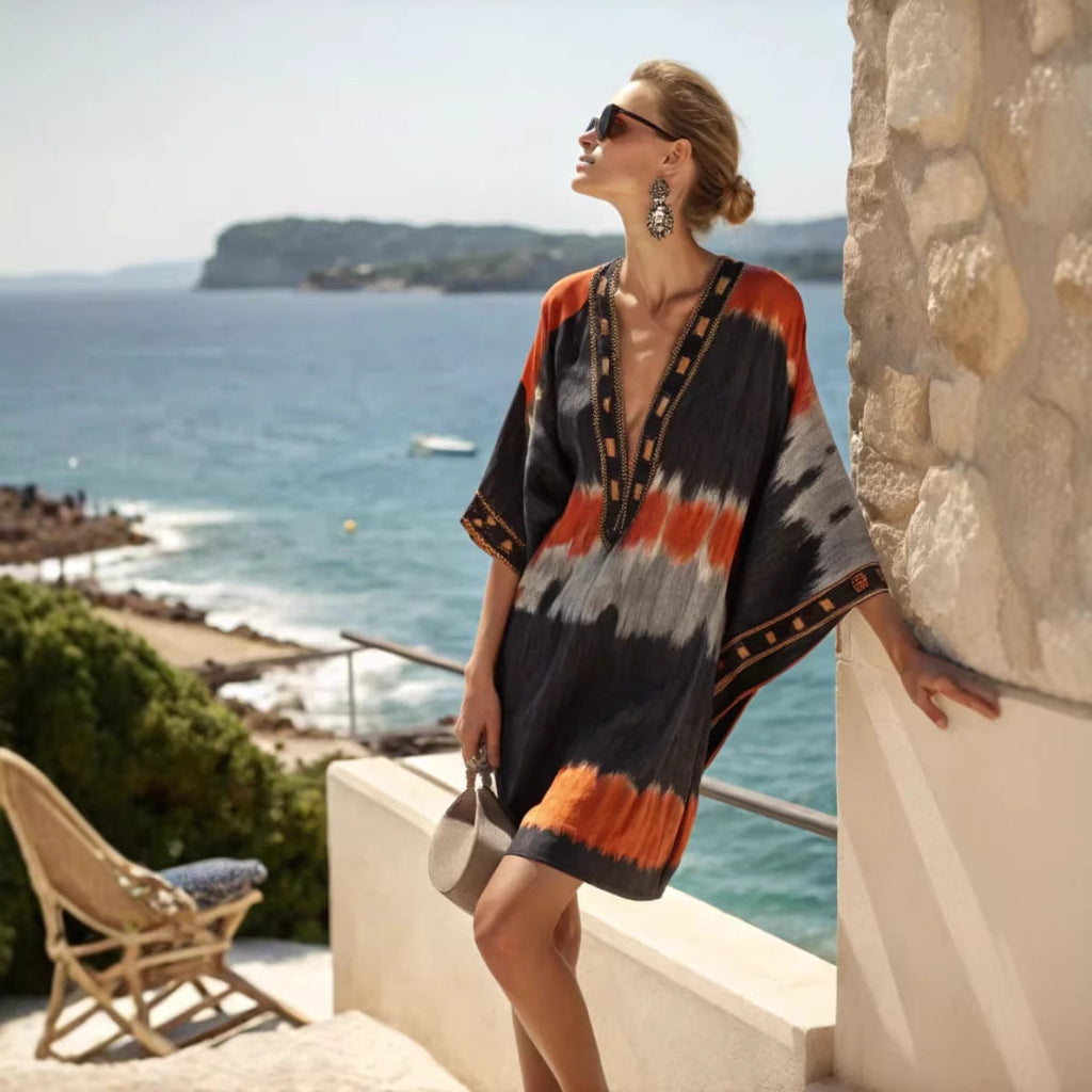 Women's Boho Striped-Trim V-Neck Short Kaftan Dress