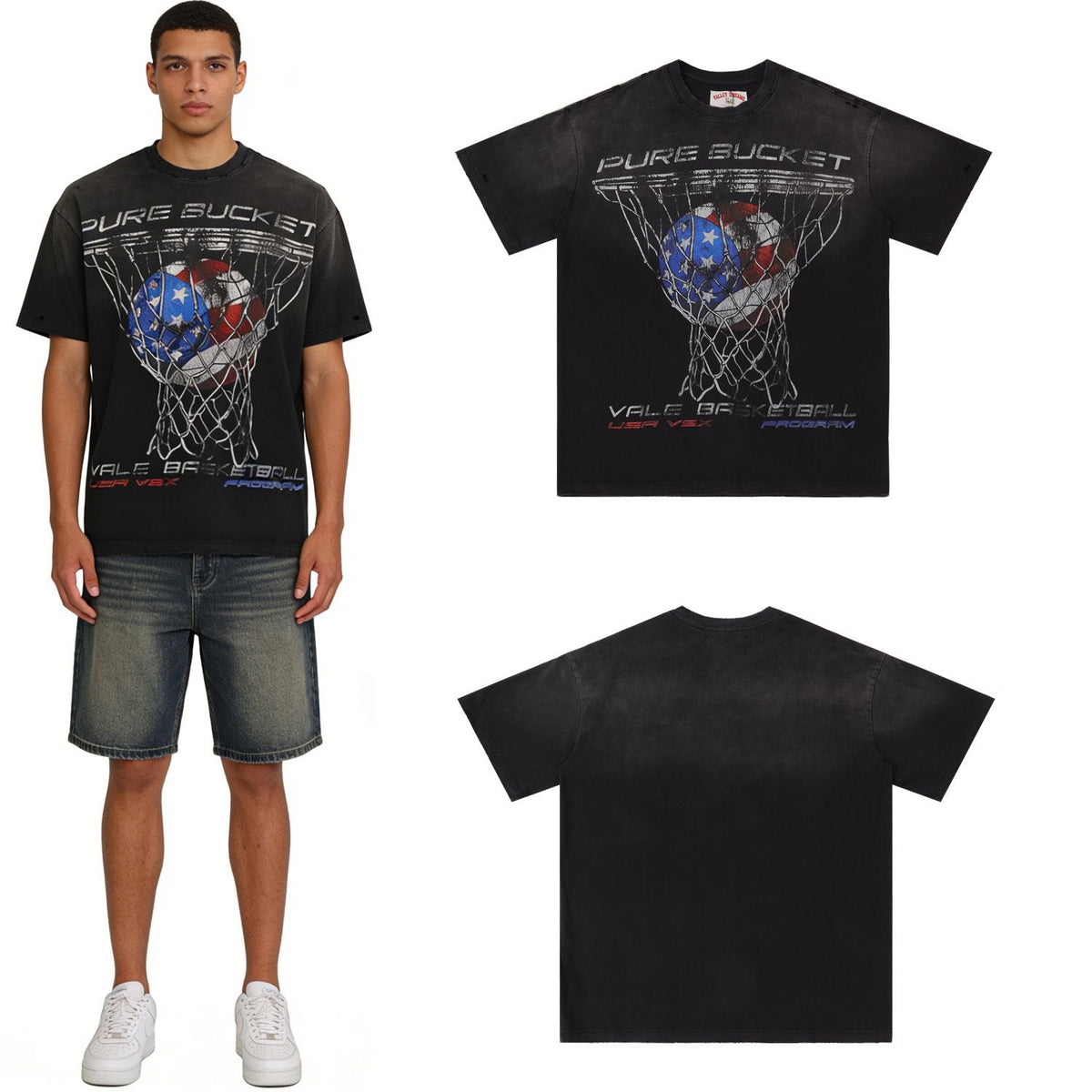 Valley Dreams Washed Black Basketball Graphic T-Shirt