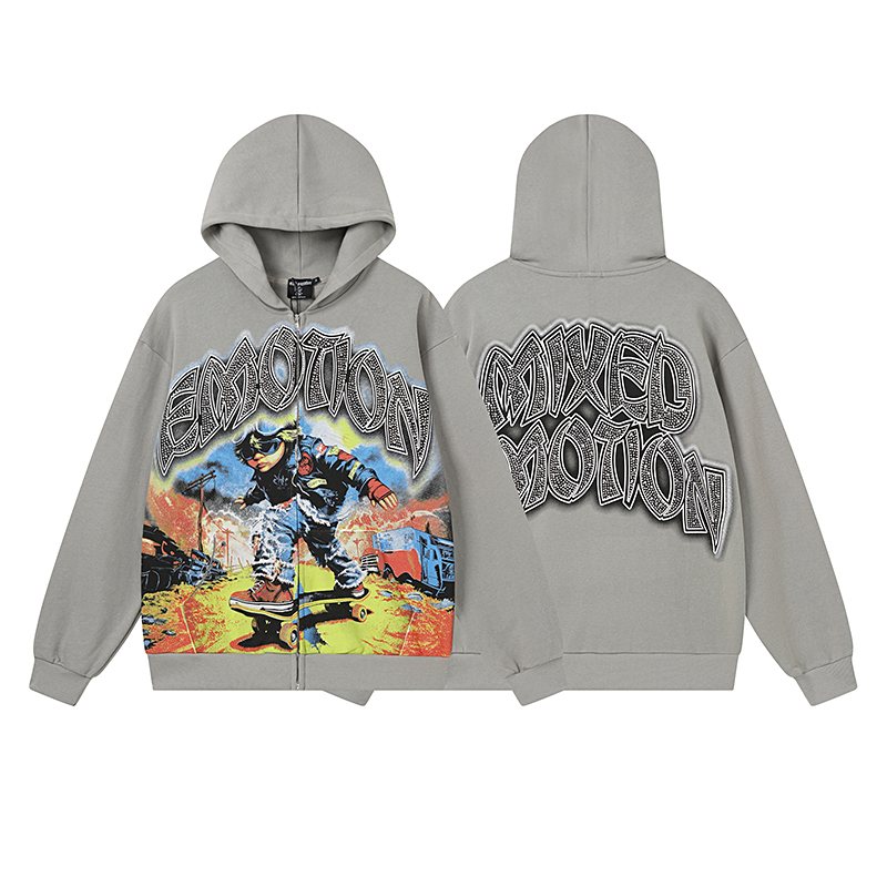 MIXED EMOTION Skateboard Graphic Zip Hoodie - Gray