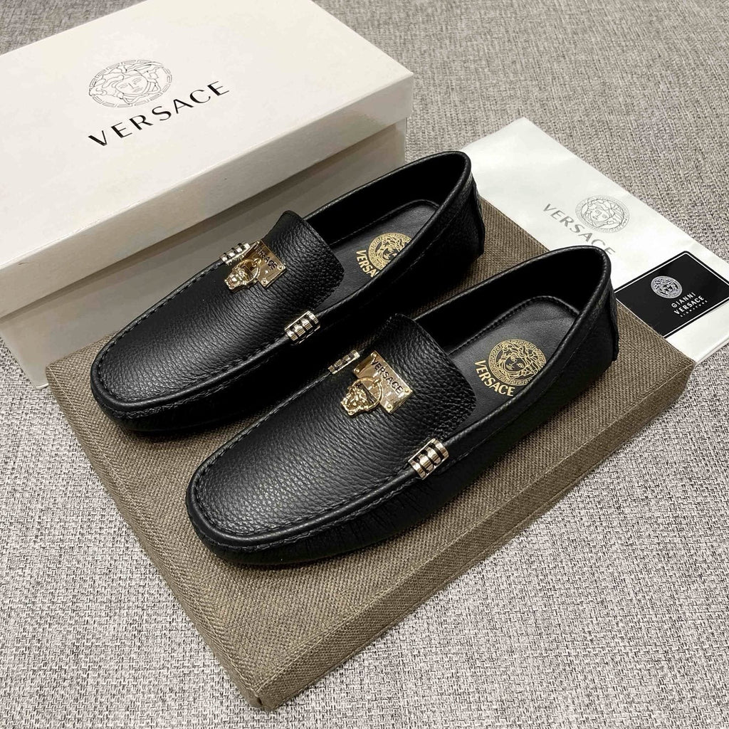 Versace Men's Black Loafers with Gold-Tone Hardware