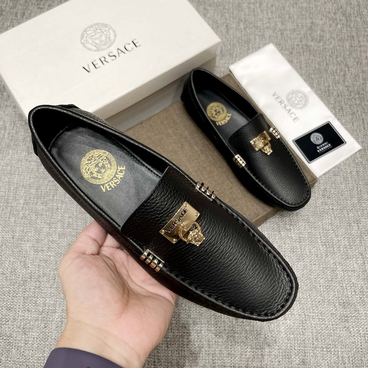 Versace Men's Black Loafers with Gold-Tone Hardware