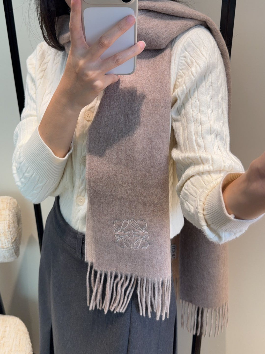 Loewe Taupe Gray Fringed Scarf