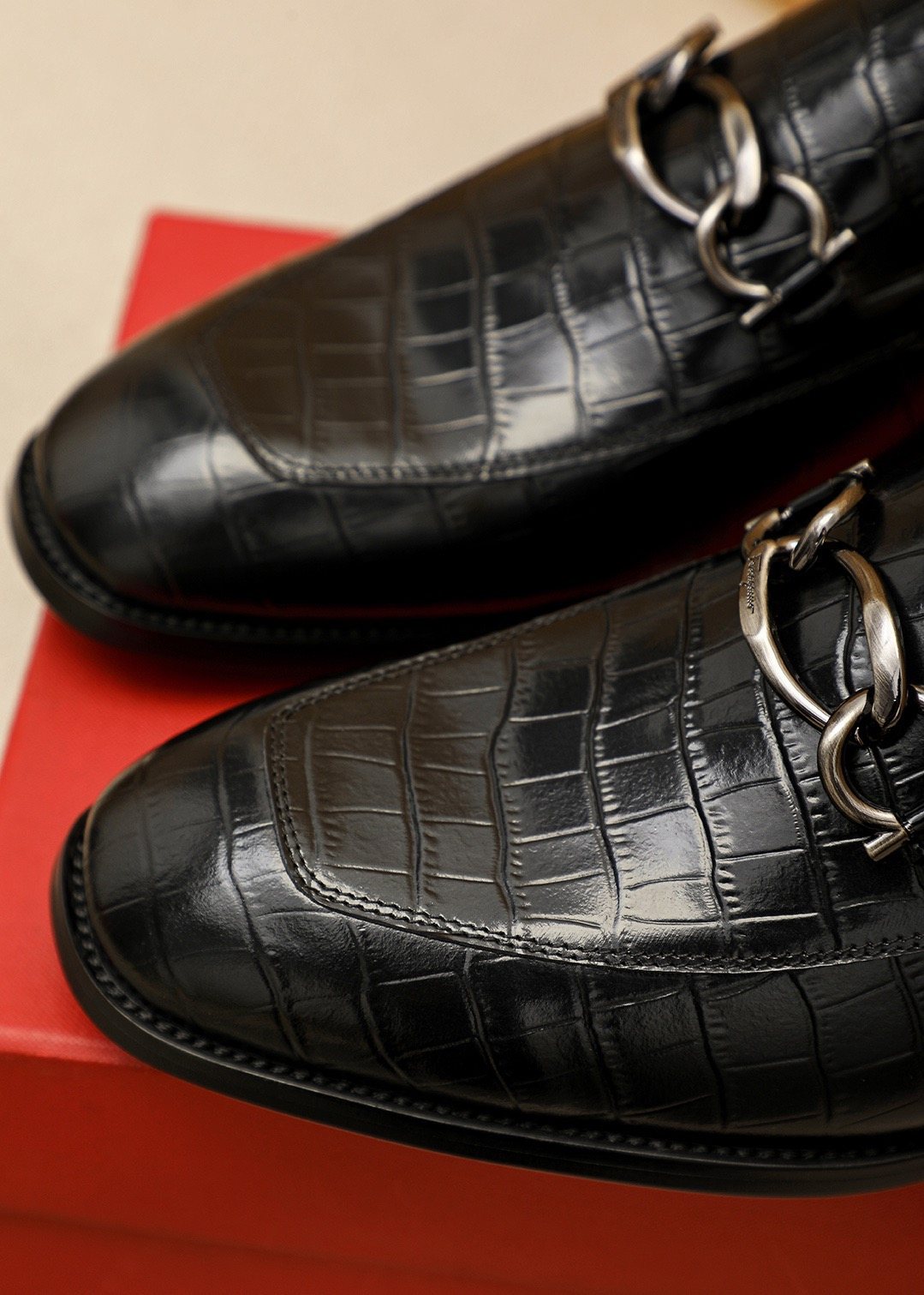 Ferragamo Black Embossed Bit Loafers - Croc-Embossed Texture