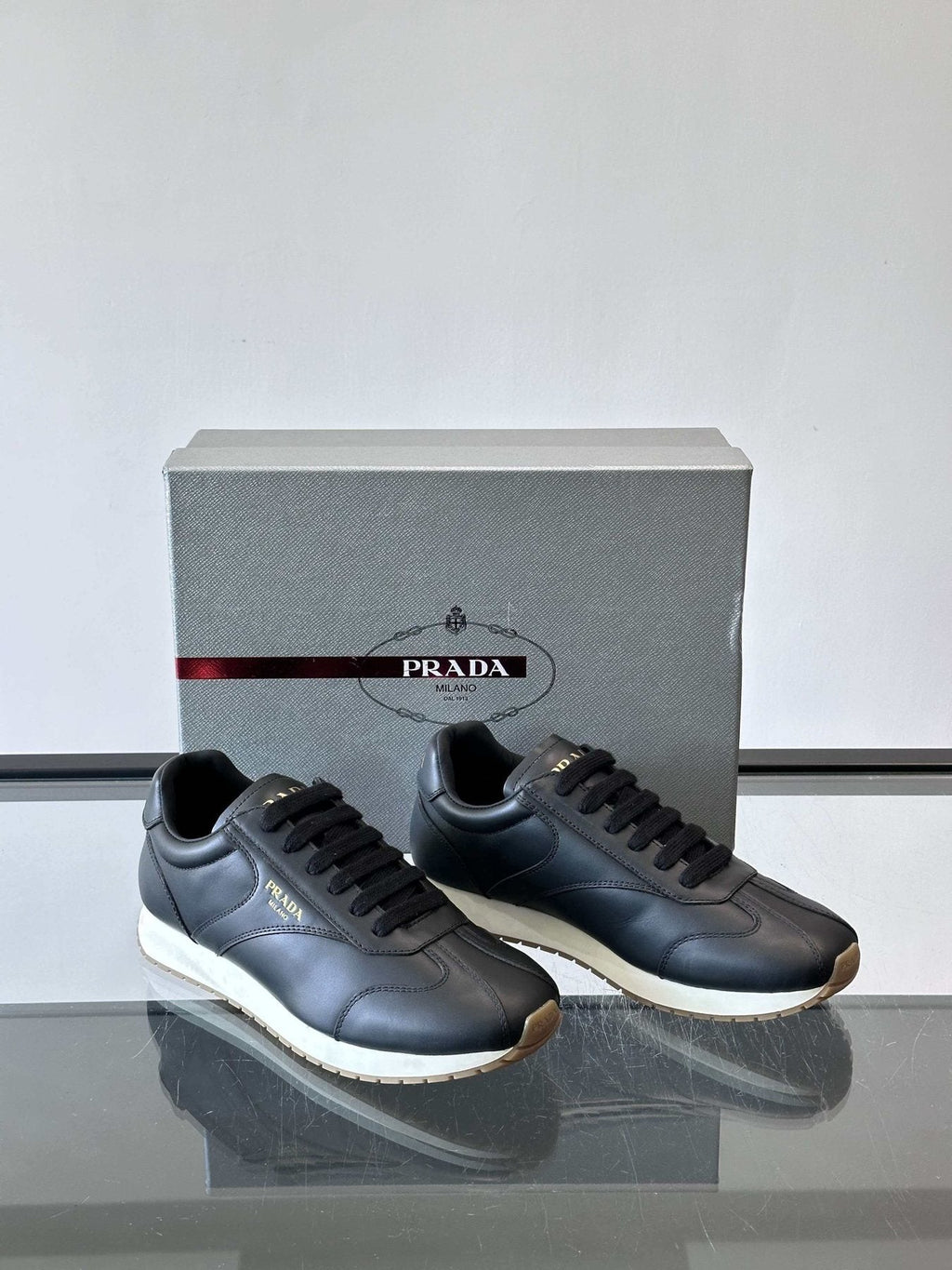 Prada Men's Black Low-Top Sneakers - Black Upper With White And Tan Accents