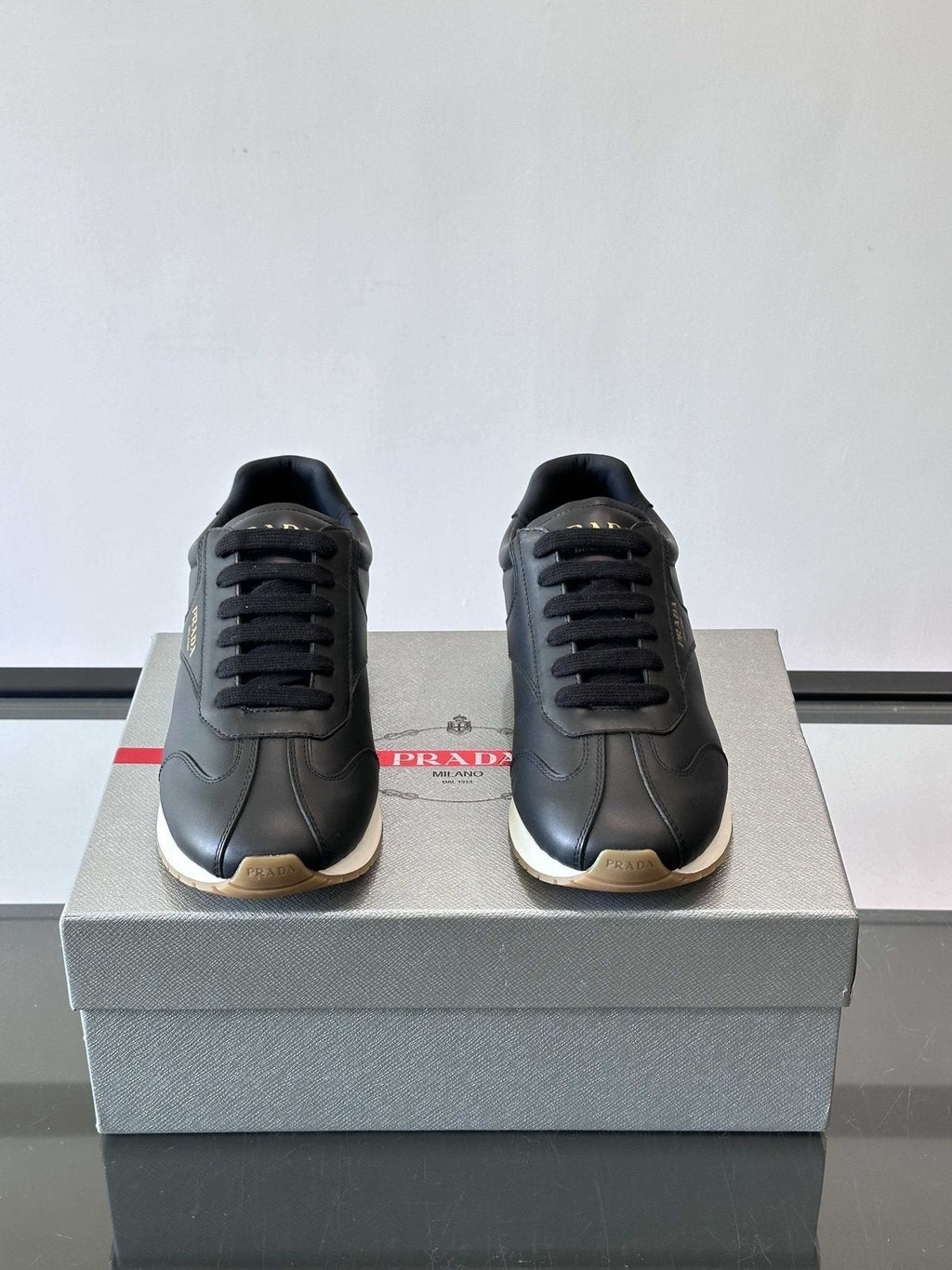 Prada Men's Black Low-Top Sneakers - Black Upper With White And Tan Accents