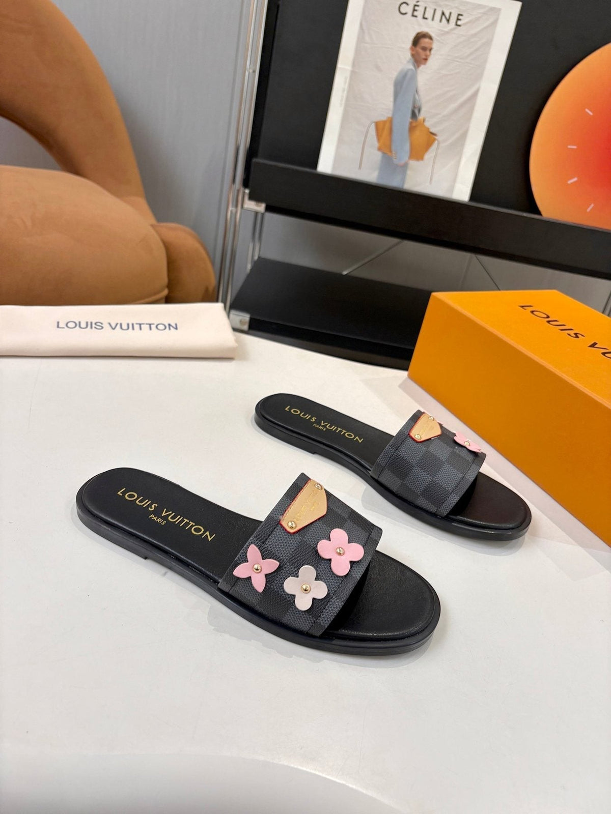 Louis Vuitton Floral Appliqué Slide Sandals