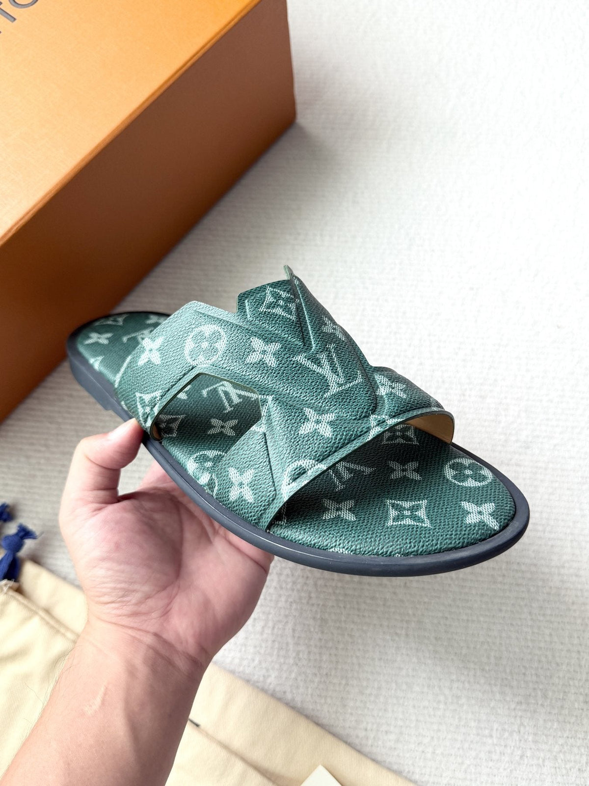 Louis Vuitton Dark Teal Monogram Slide Sandals - Dark Teal Green