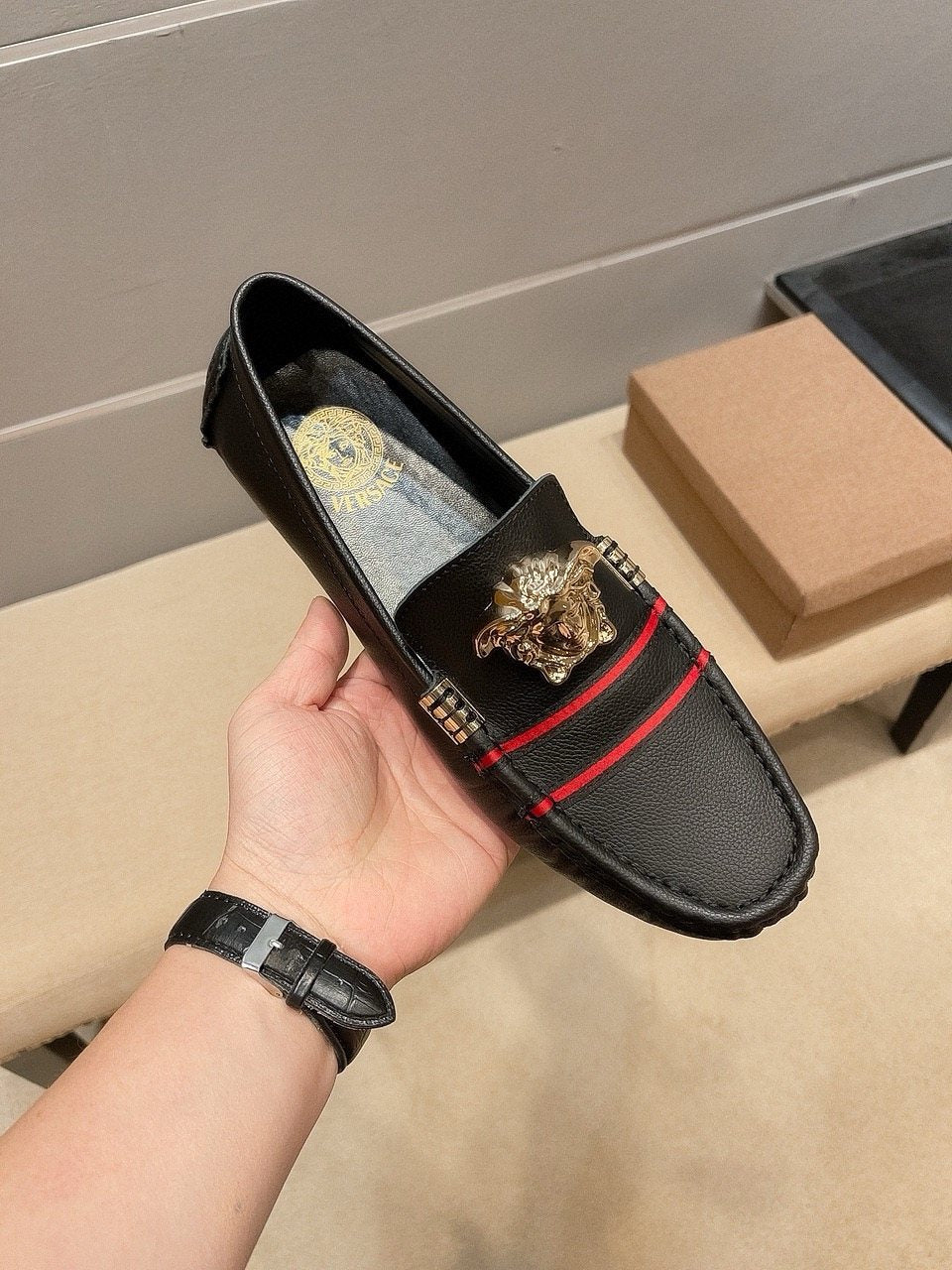 Versace Men's Black Red Stripe Slip-On Loafers