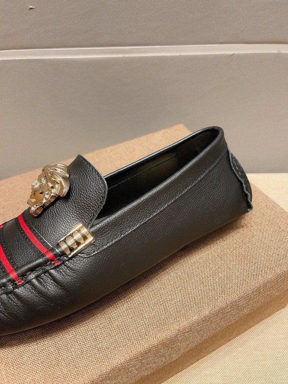 Versace Men's Black Red Stripe Slip-On Loafers