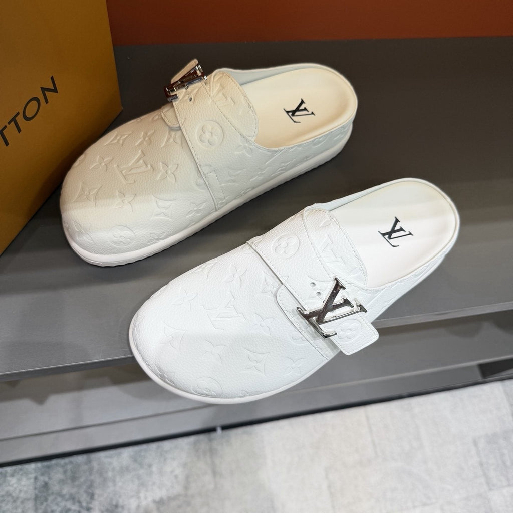 Louis Vuitton White Embossed Slide Sandals