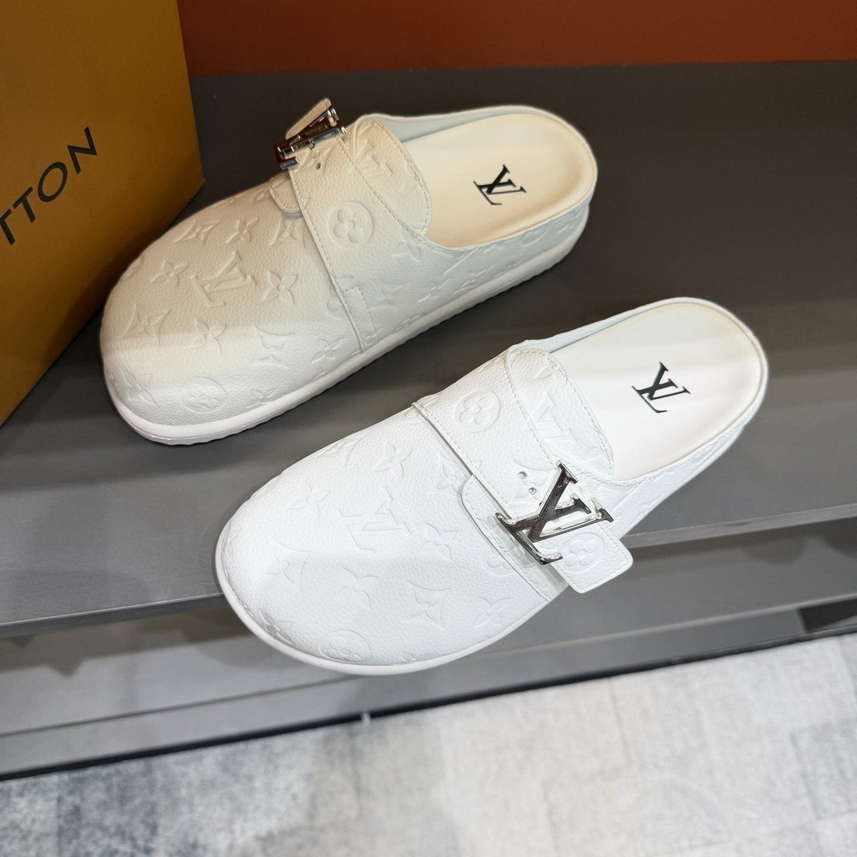 Louis Vuitton White Embossed Slide Sandals