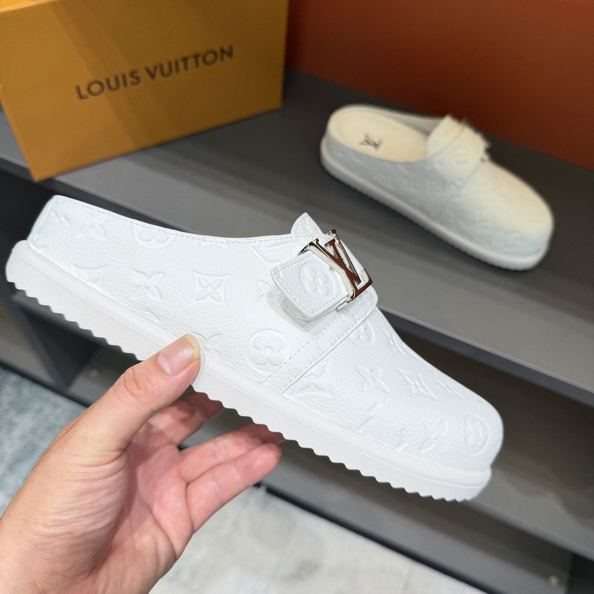 Louis Vuitton White Embossed Slide Sandals
