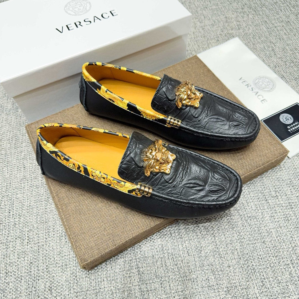 Versace Men's Black Gold-Tone Hardware Loafers - Embossed Texture