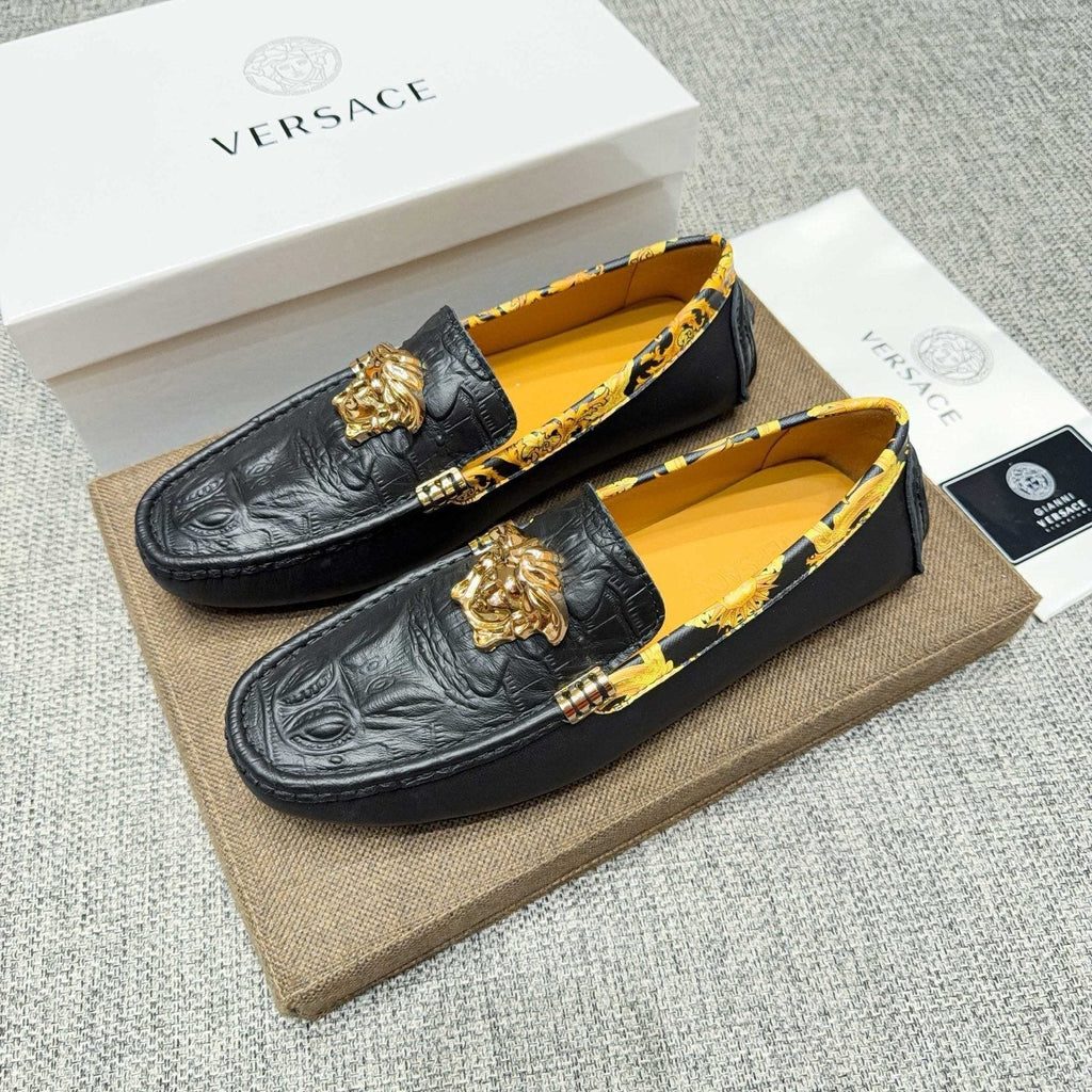 Versace Men's Black Gold-Tone Hardware Loafers - Embossed Texture
