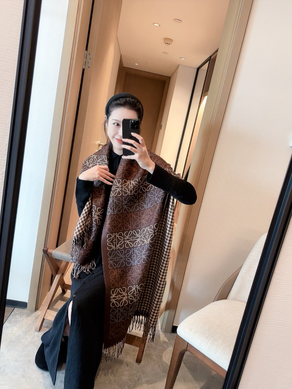 Reversible Patterned Fringed Scarf