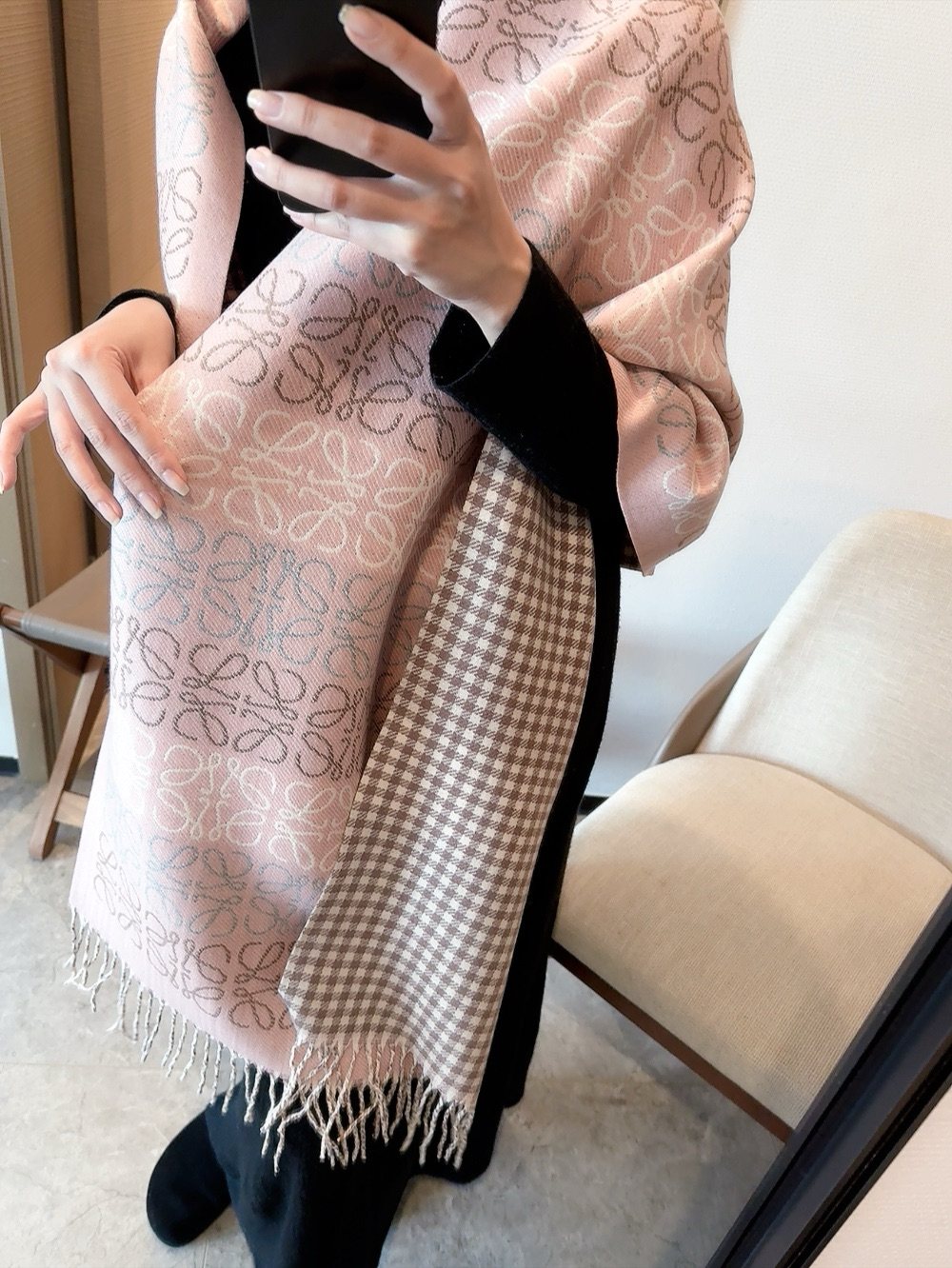Reversible Patterned Fringed Scarf