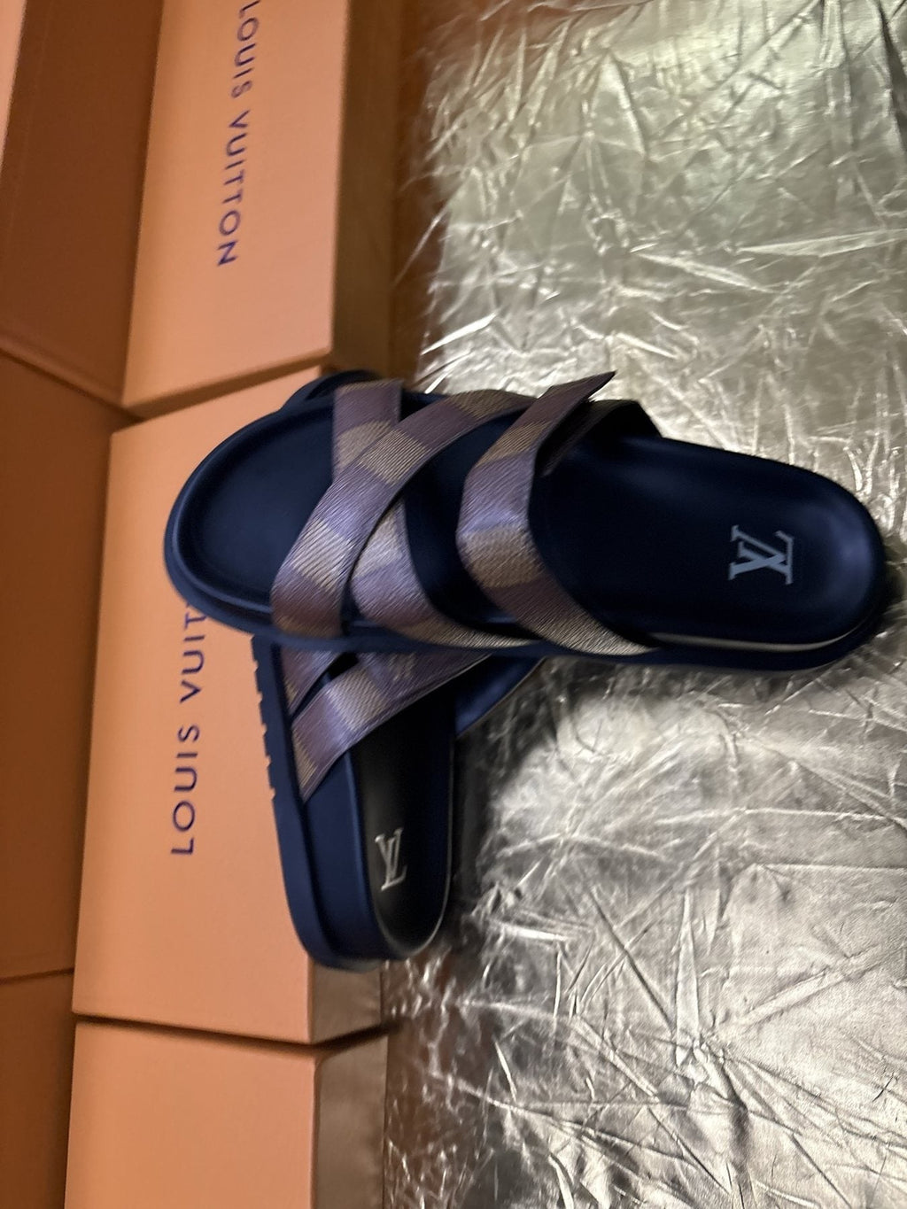 Louis Vuitton Checkered Cross-Strap Slide Sandals
