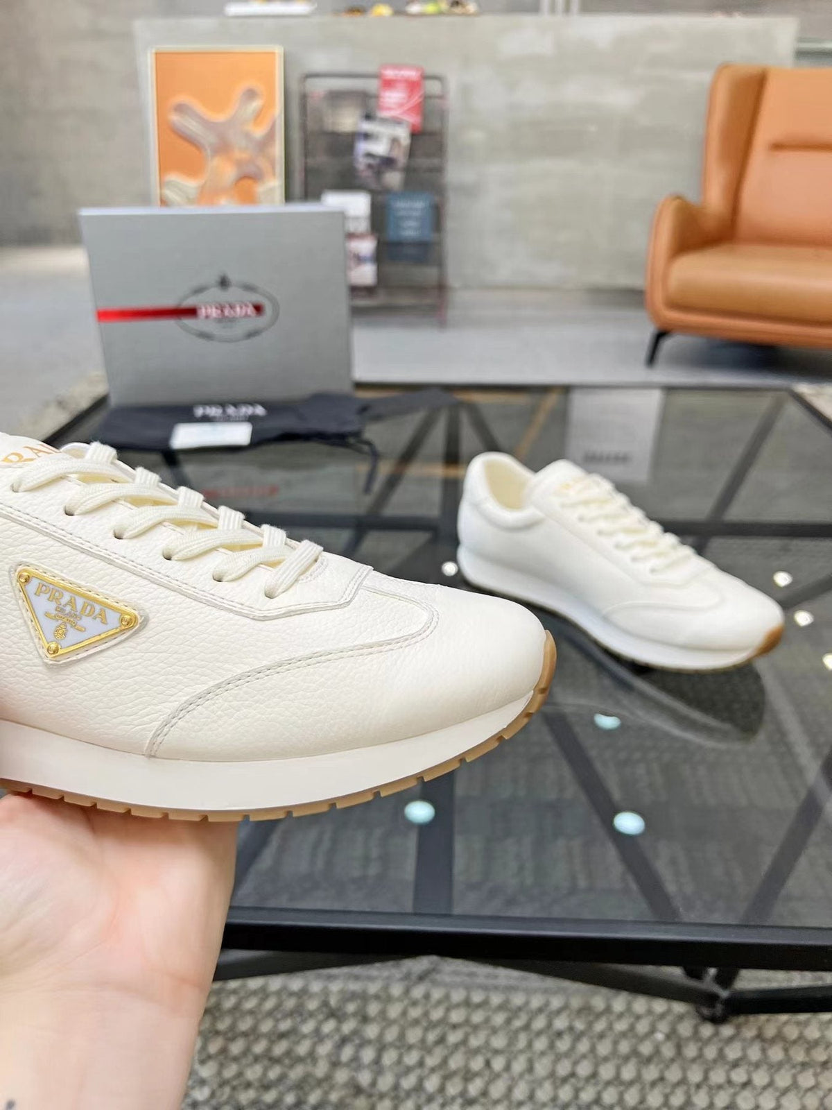 Prada White Beige Low-Top Sneakers