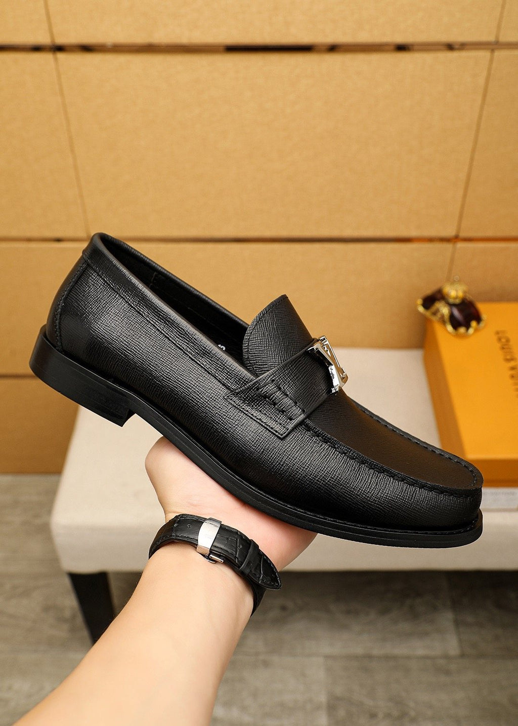 Louis Vuitton Men's Black Leather Buckle Loafers