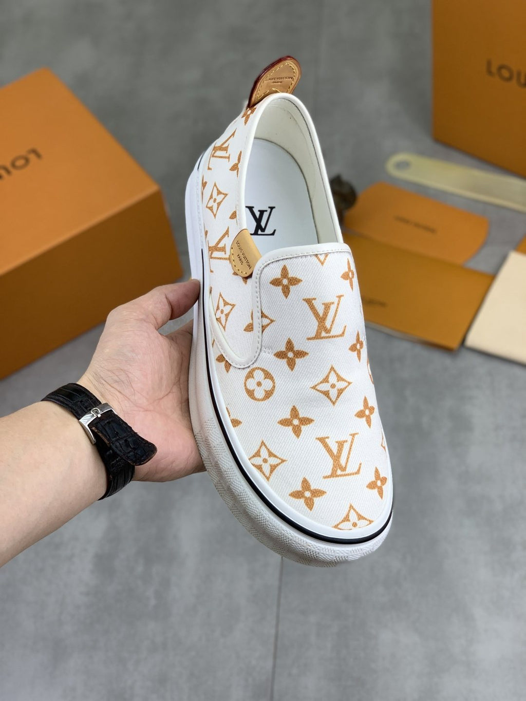 Louis Vuitton White Printed Slip-On Shoes