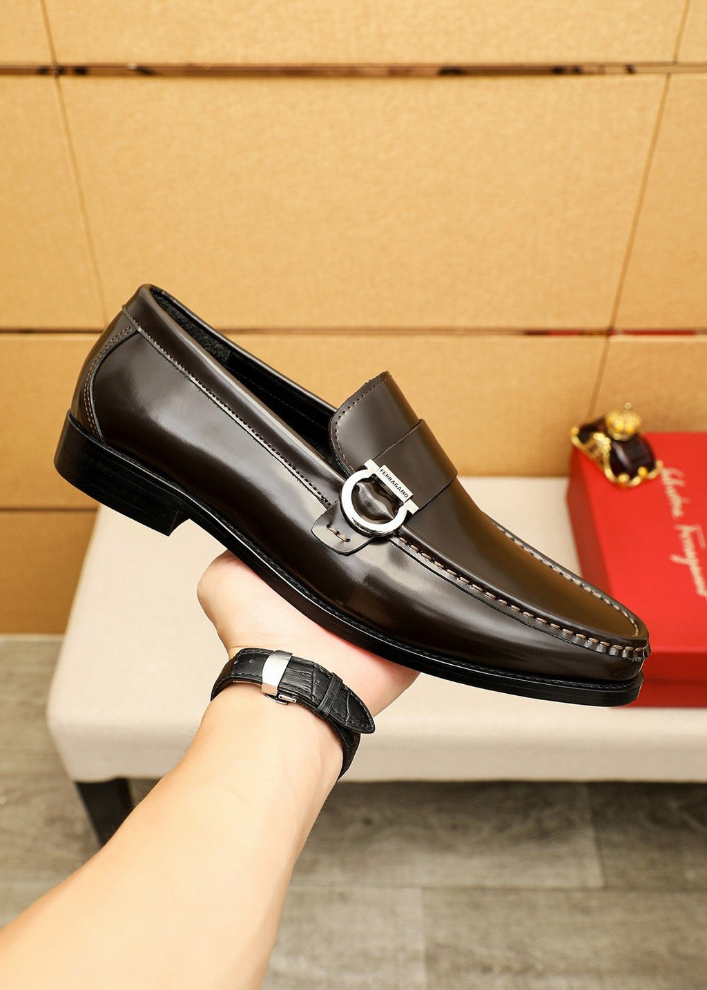 Ferragamo Black Buckle Moc-Toe Loafers