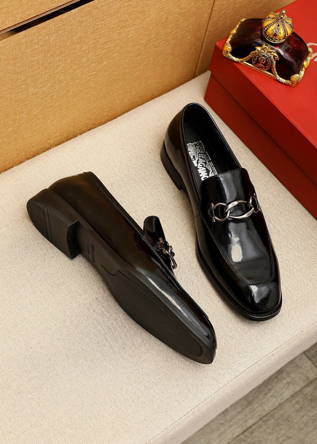 Ferragamo Black Patent Bit Loafers