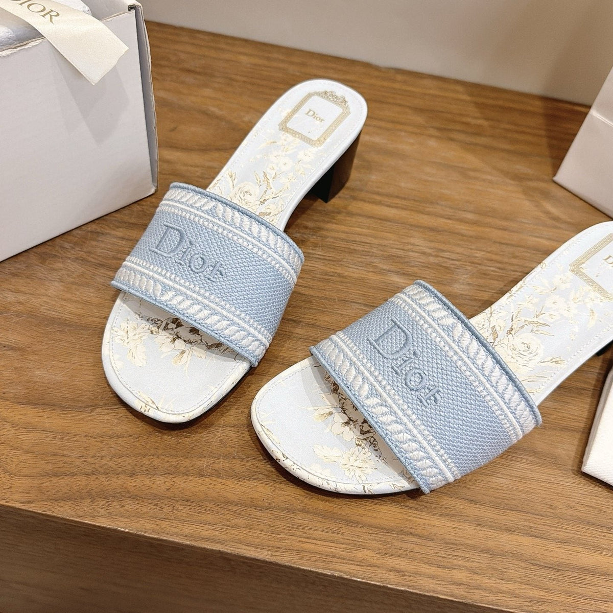 Dior Women's Light Blue Embroidered Slide Sandals