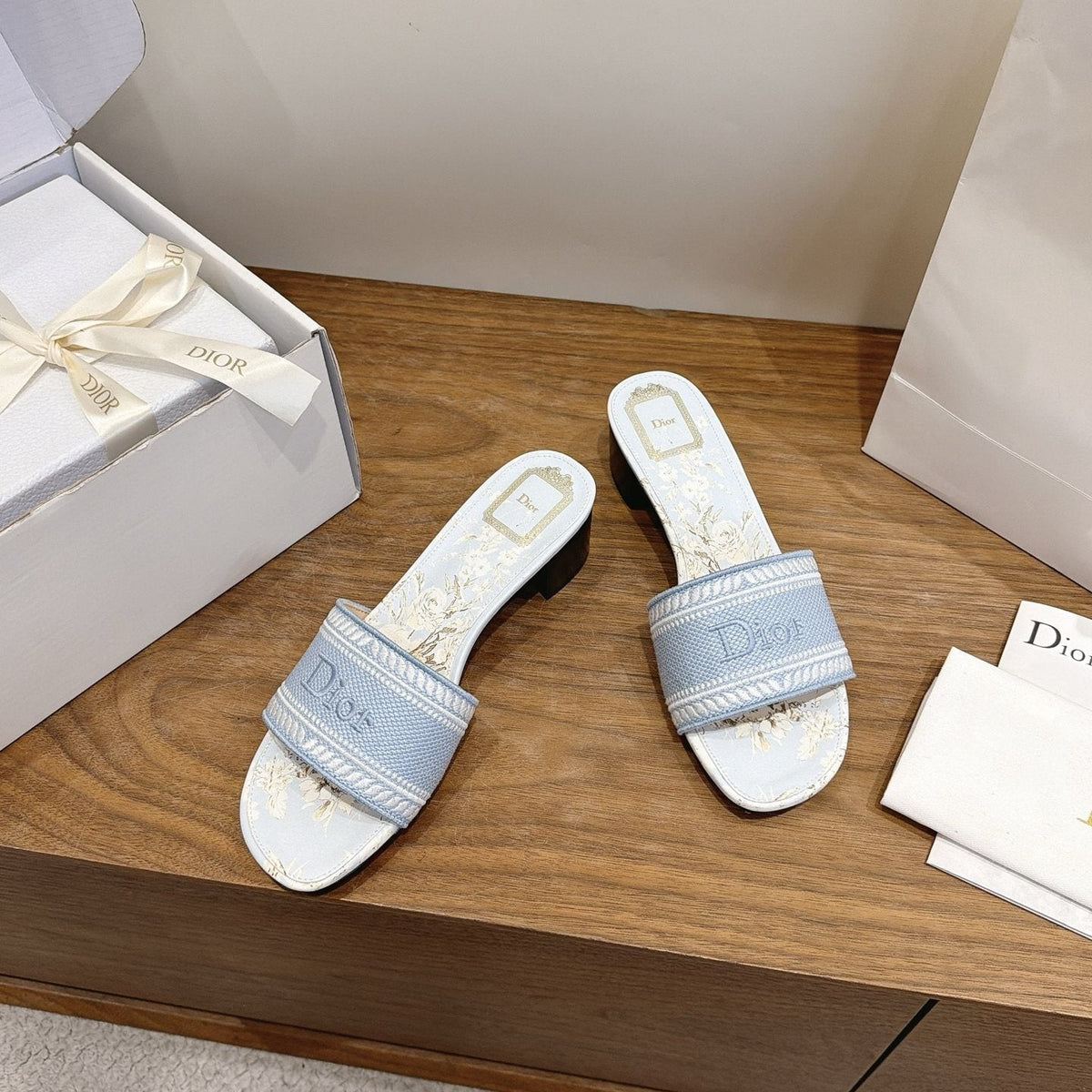 Dior Women's Light Blue Embroidered Slide Sandals