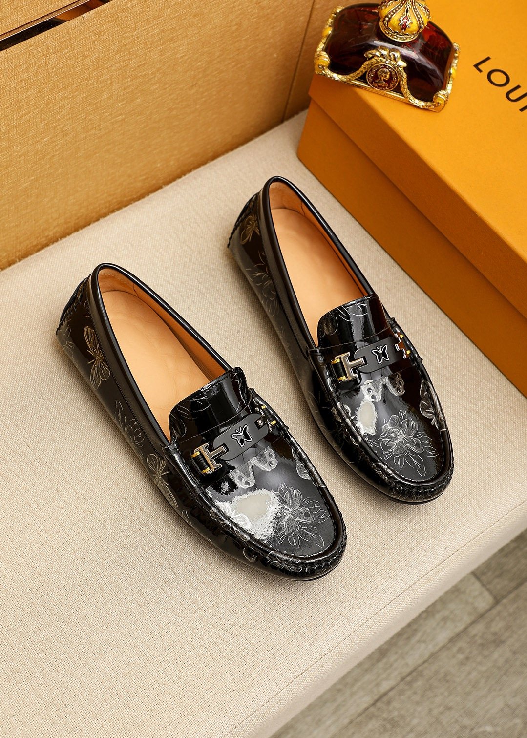 Louis Vuitton Black Floral-Embossed Buckle Loafers