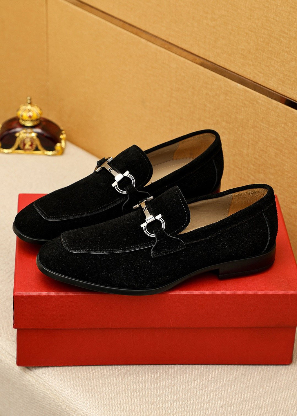 Men's Black Suede Buckle Slip-On Loafers