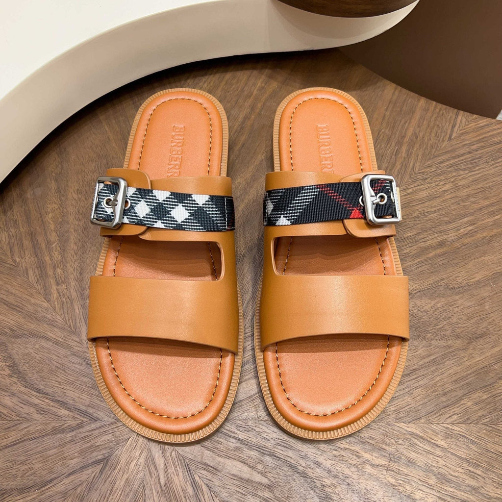 Burberry Plaid Buckle Slide Sandals - Flat Sole
