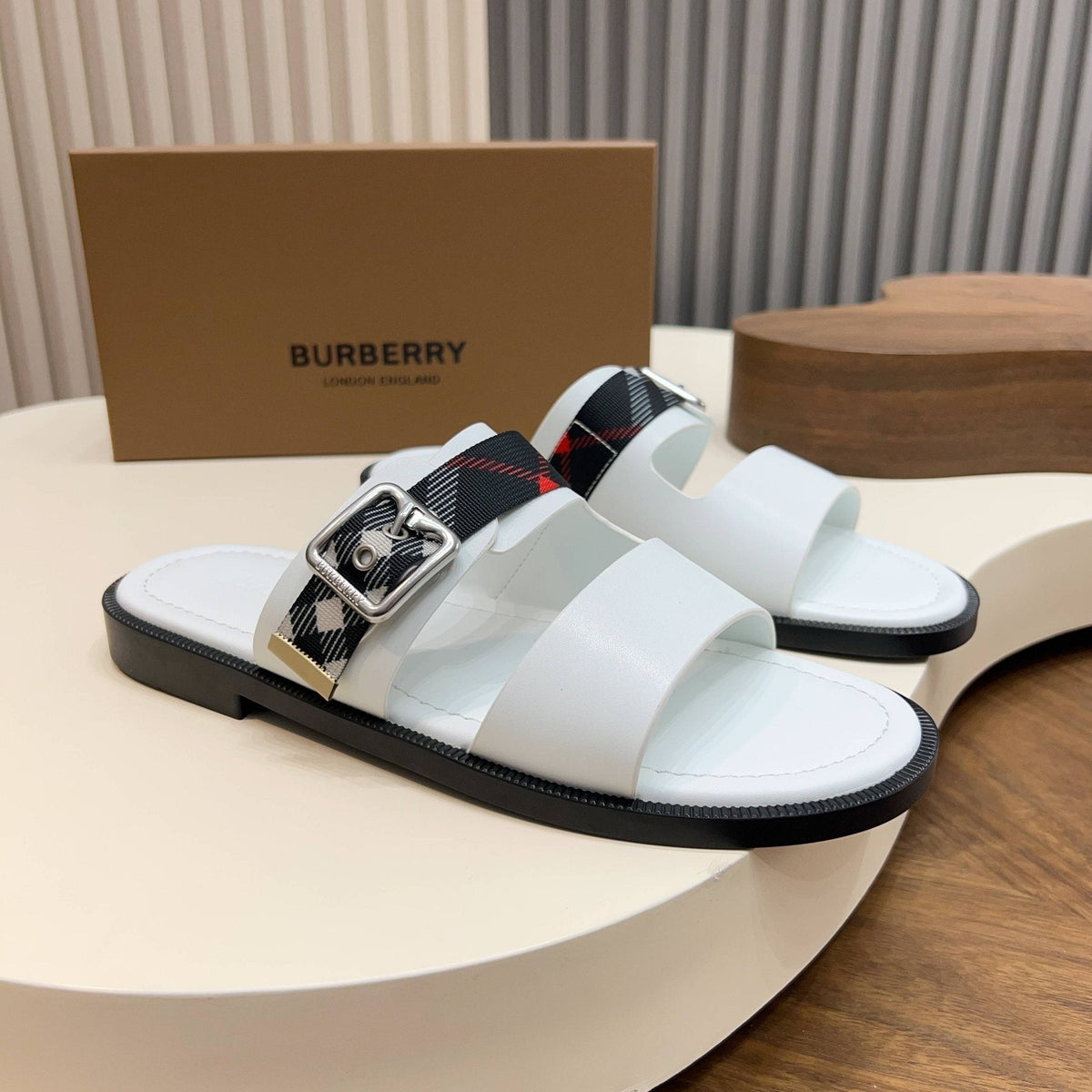 Burberry Plaid Buckle Slide Sandals - Flat Sole