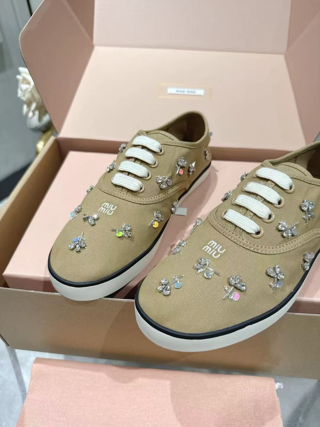 Miu Miu Floral Rhinestone Canvas Sneakers