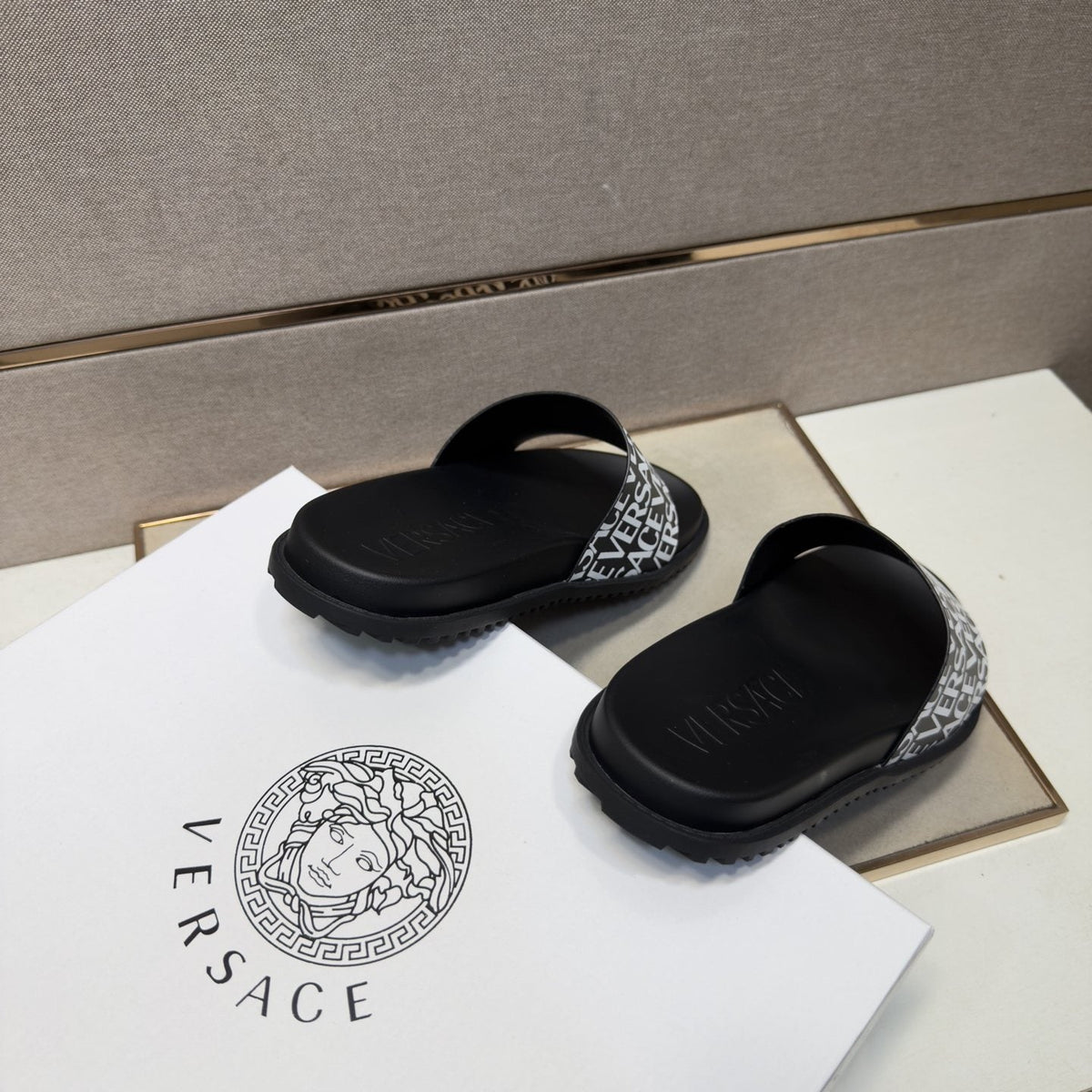 Versace Logo Print Slide Sandals