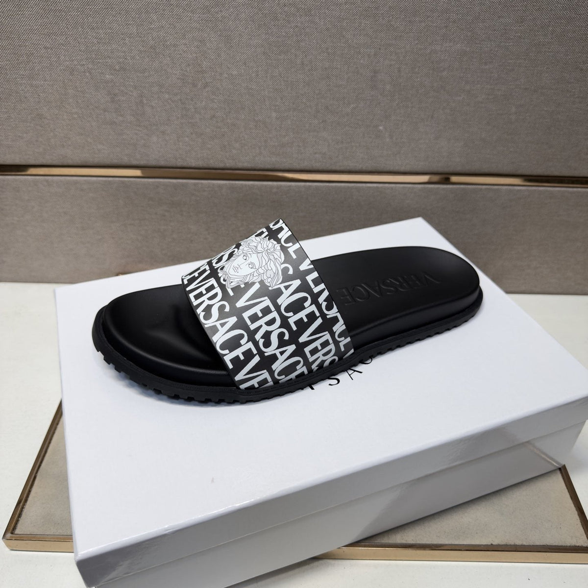 Versace Logo Print Slide Sandals