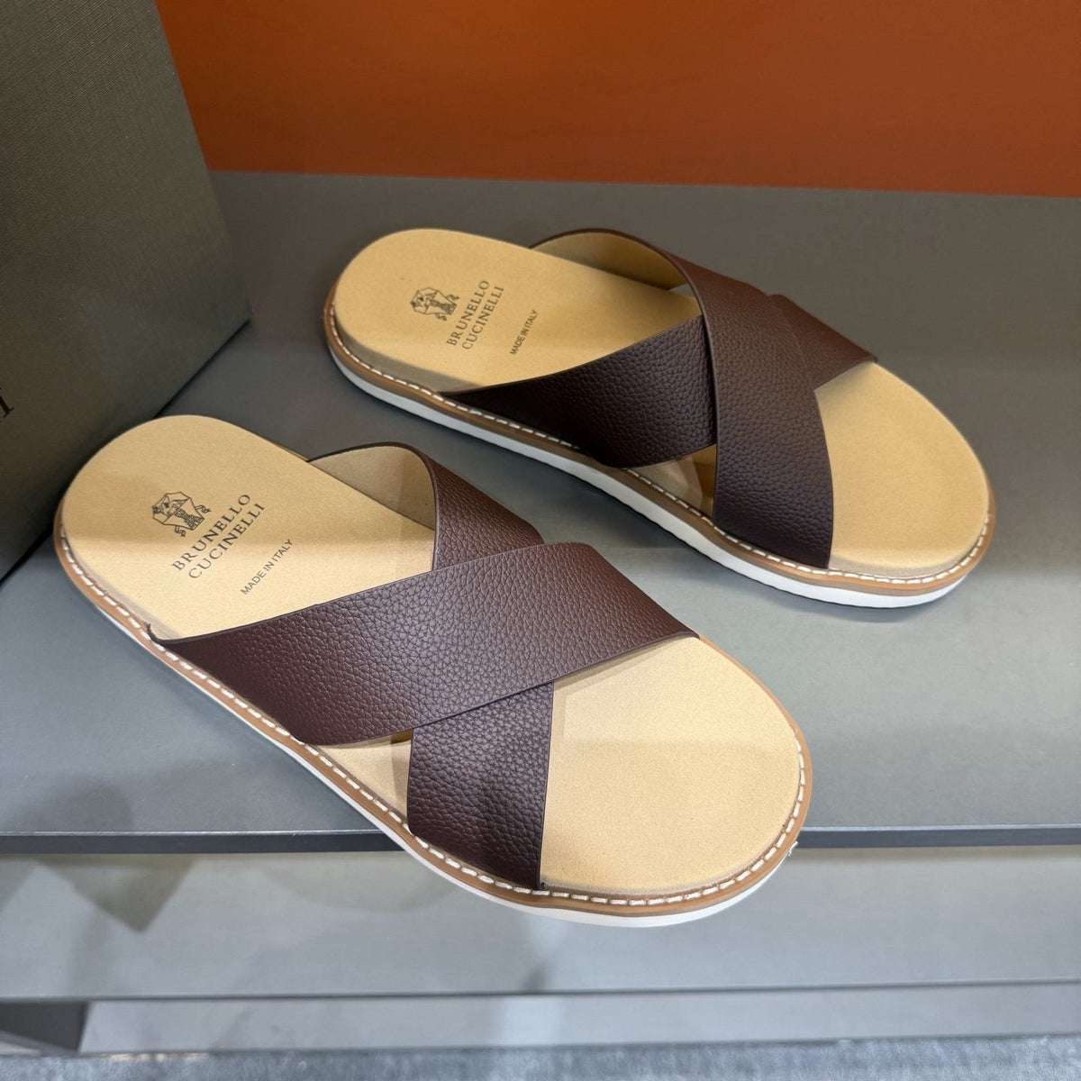 Brunello Cucinelli Men's Cross-Strap Slide Sandals - Cross-Over Strap Design