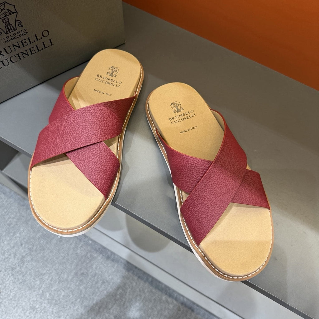 Brunello Cucinelli Men's Cross-Strap Slide Sandals - Cross-Over Strap Design