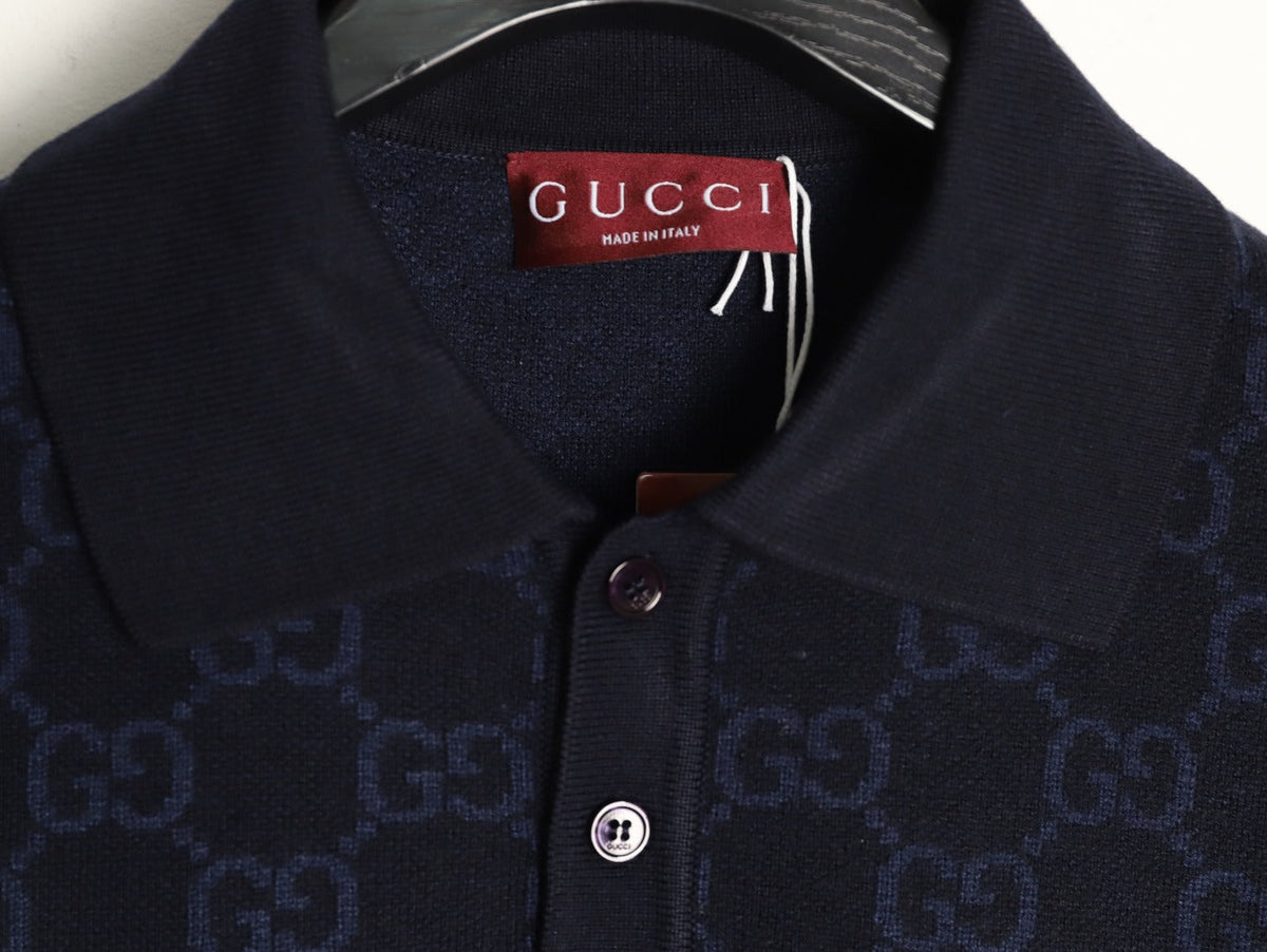 Gucci Tonal Allover-Pattern Short-Sleeve Knit Polo Shirt - Navy