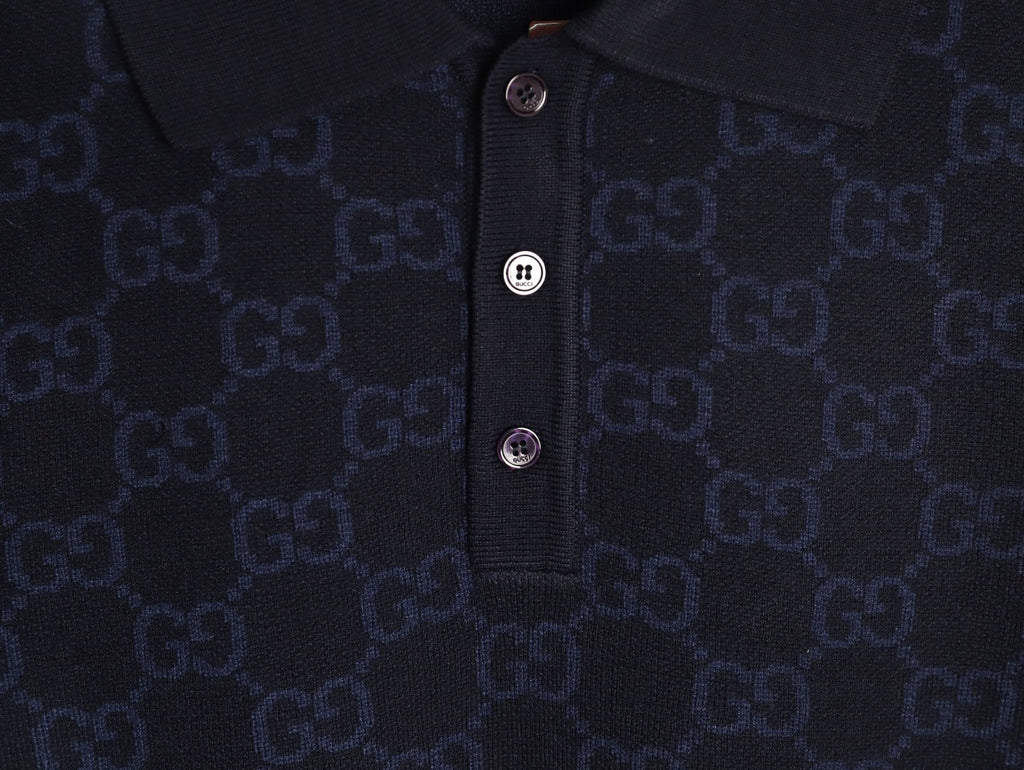 Gucci Tonal Allover-Pattern Short-Sleeve Knit Polo Shirt - Navy
