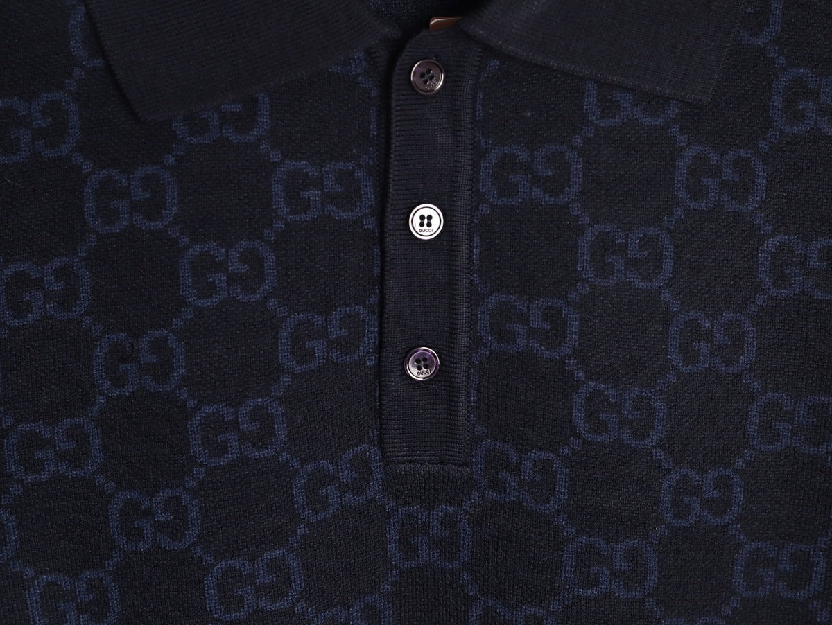 Gucci Tonal Allover-Pattern Short-Sleeve Knit Polo Shirt - Navy